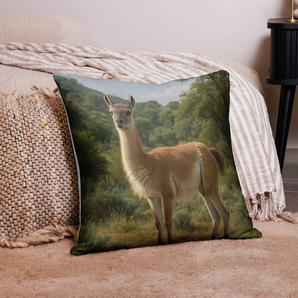 Dekorativer Kissenbezug mit Guanakomotiv auf Sofa arrangiert