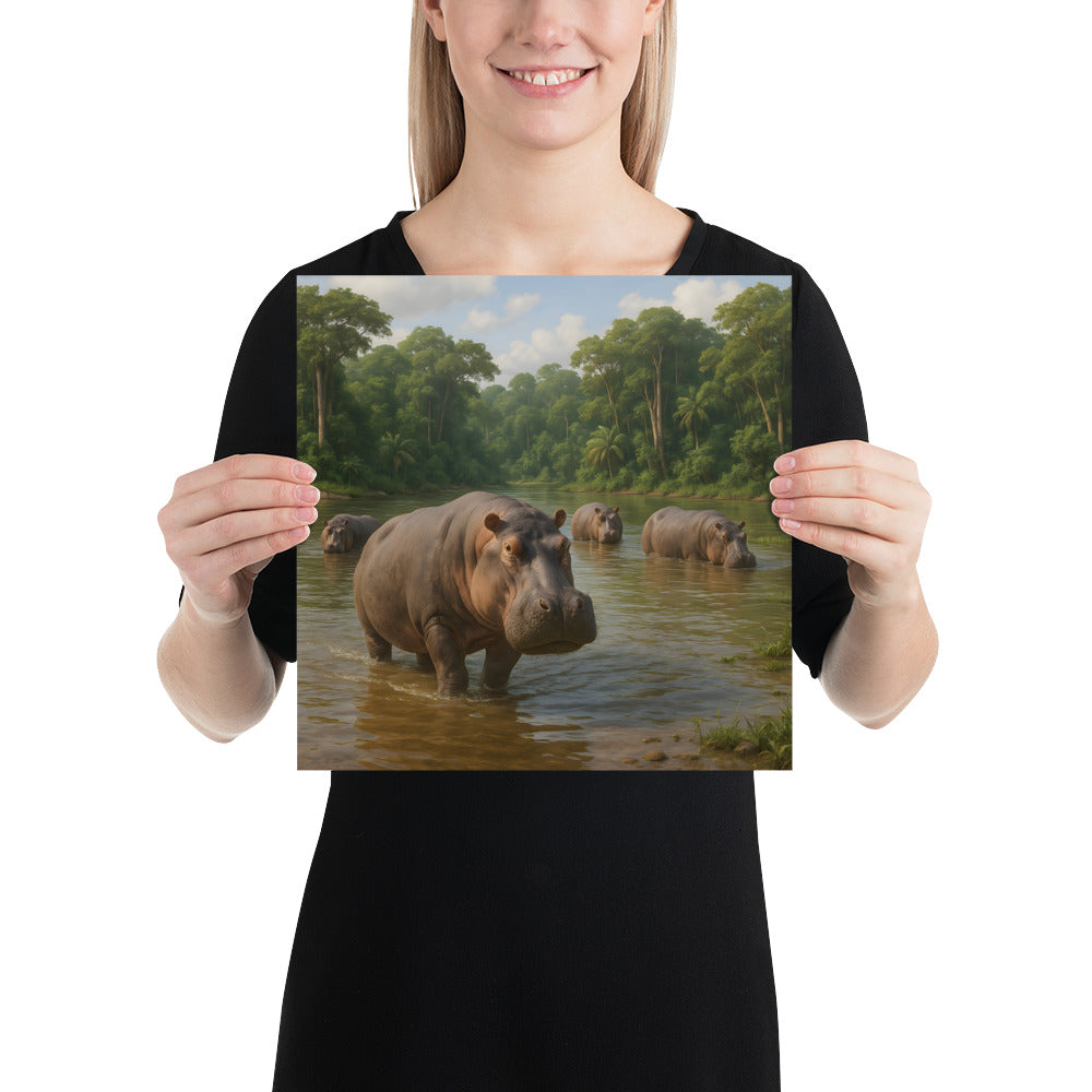 Detailaufnahme des Flusspferd-Kunstdrucks auf mattem Papier