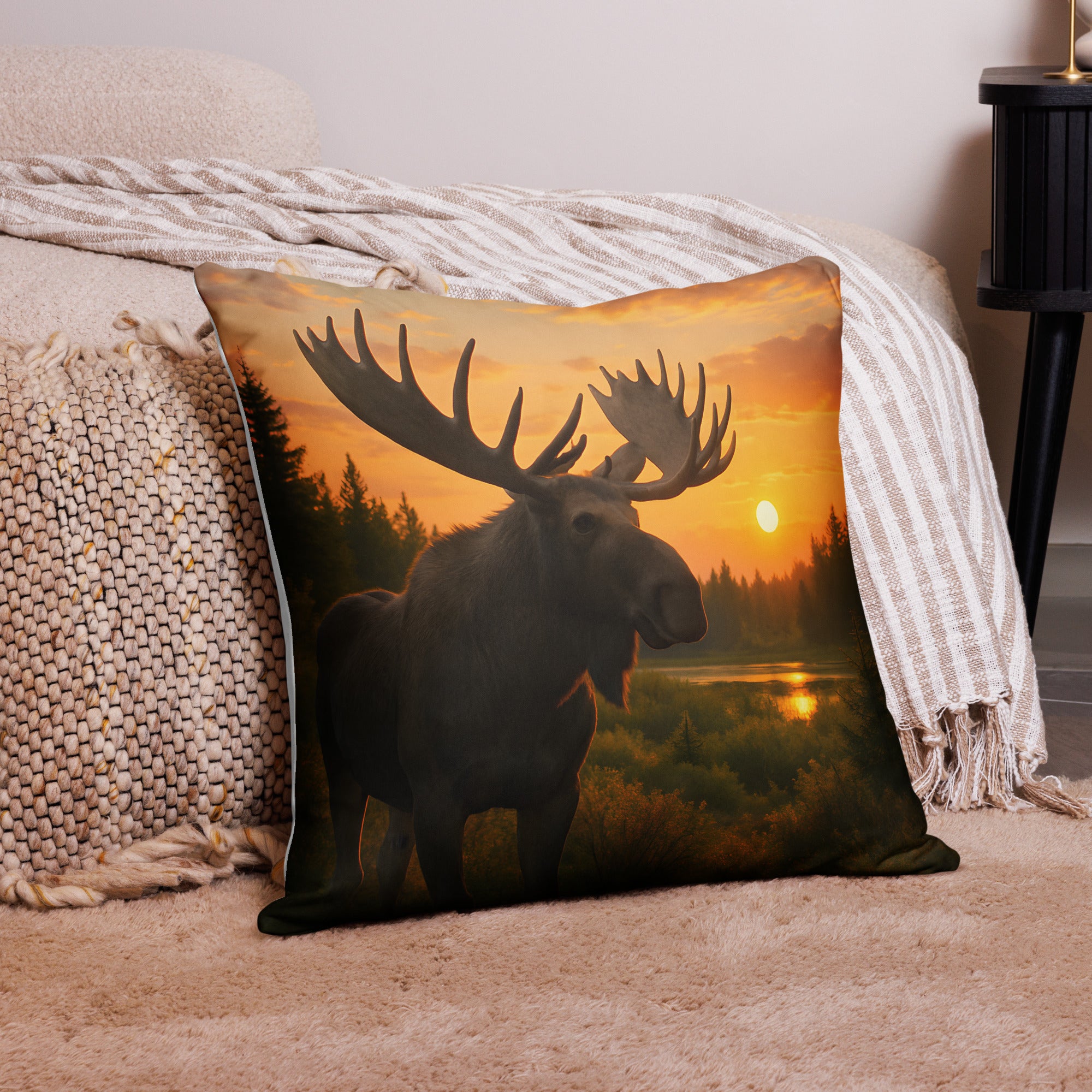 Detailaufnahme vom Elch-Motiv auf weichem Polyesterstoff