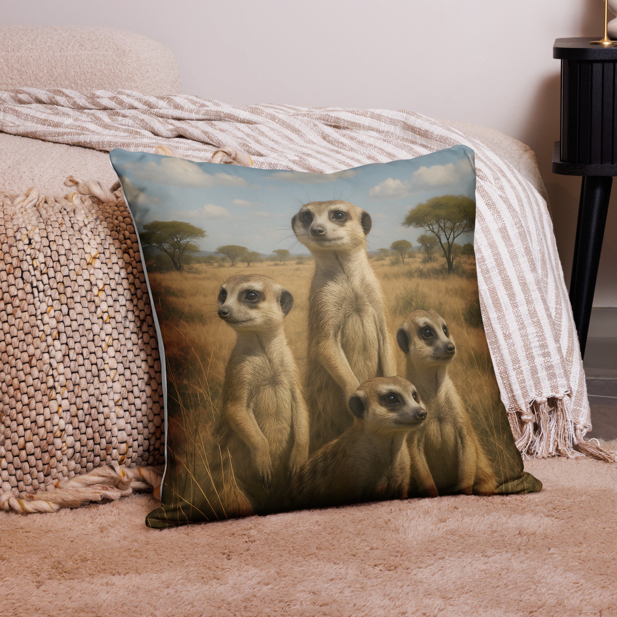 Erdmännchen-Kissenbezug im Wohnzimmer – weicher, pflegeleichter Dekoartikel