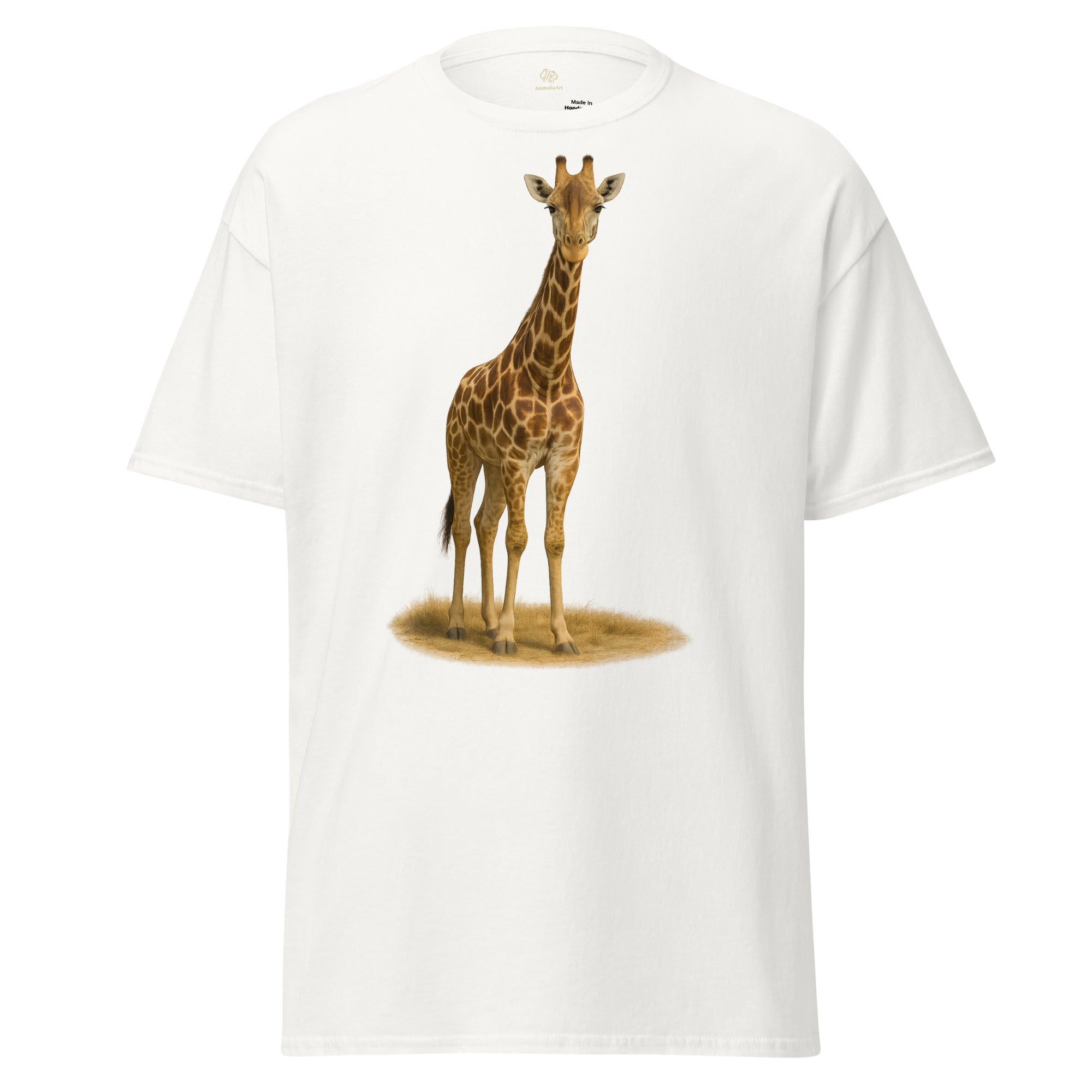„Giraffen T-Shirt in der Frontansicht mit detailliertem Giraffen-Motiv“