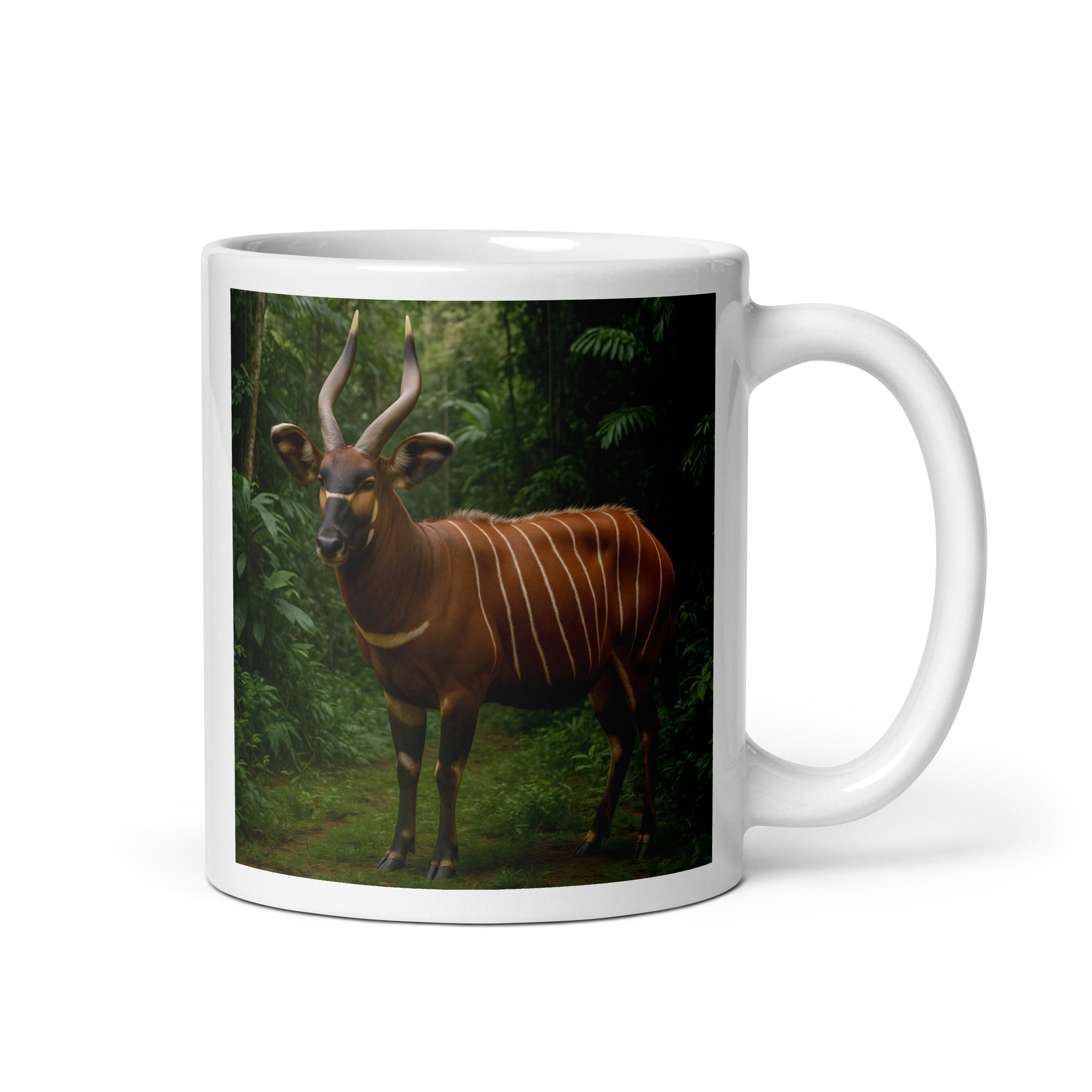 Kaffeetasse mit Bongotiermotiv auf weißem Hintergrund