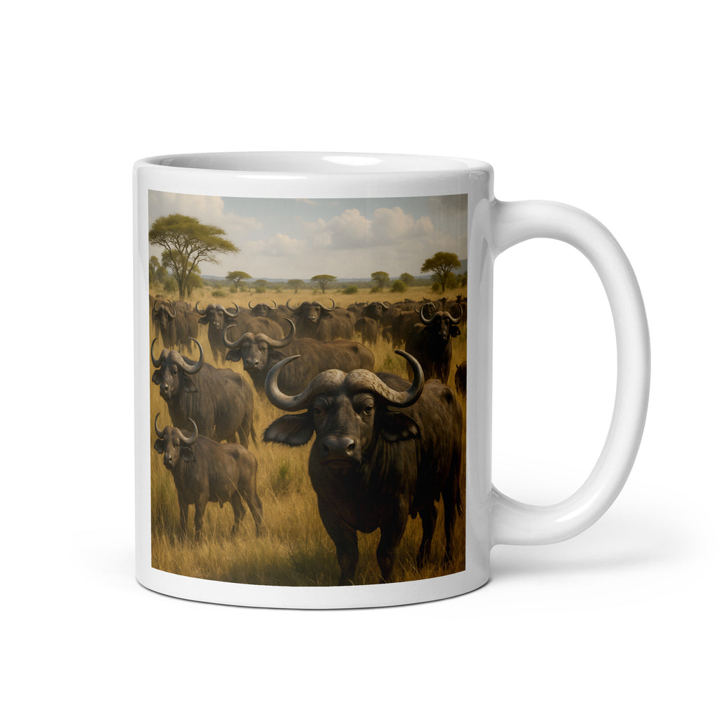 Kaffeetasse mit Wasserbüffel-Motiv auf weißem Hintergrund
