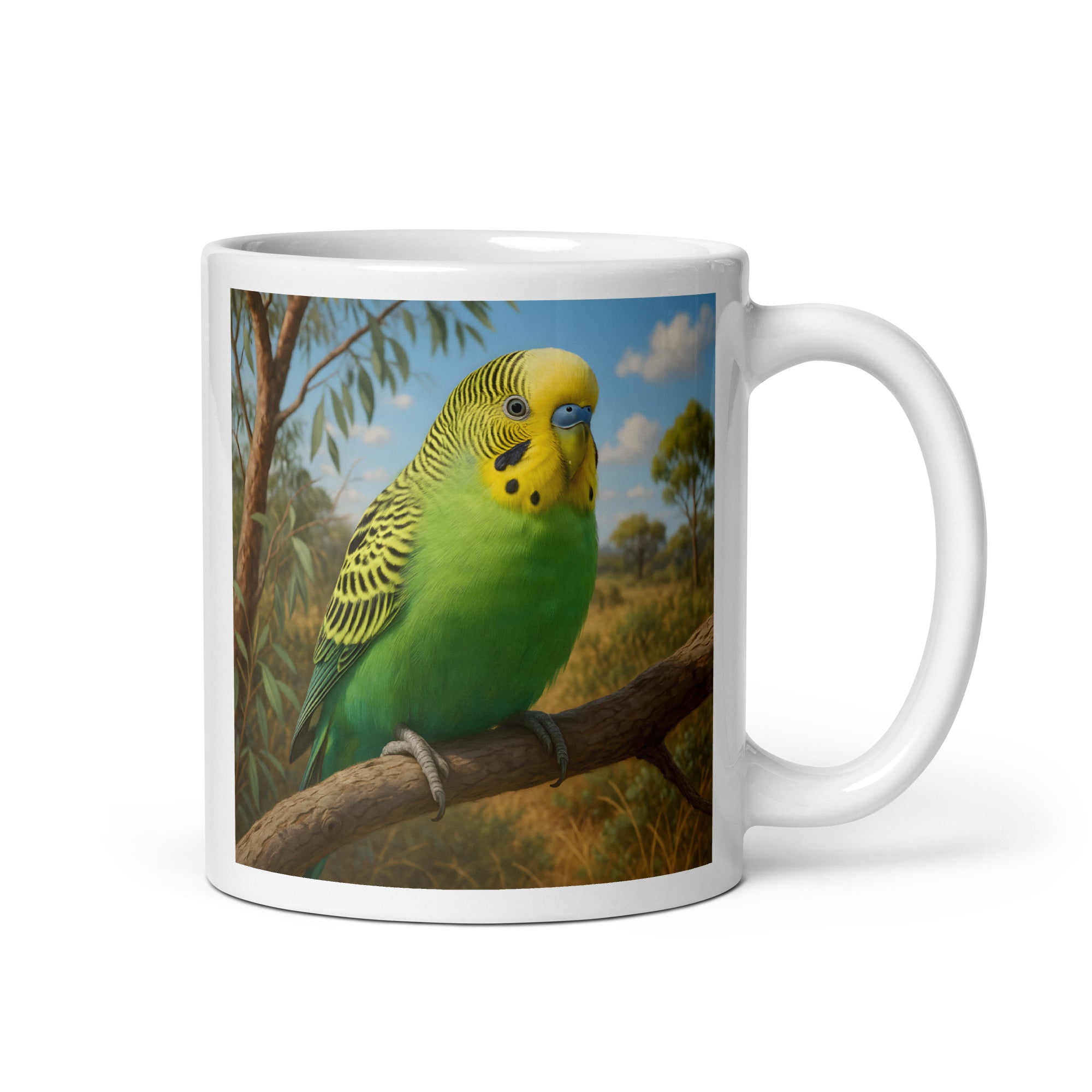 Kaffeetasse mit Wellensittichmotiv aus Keramik – 11 oz