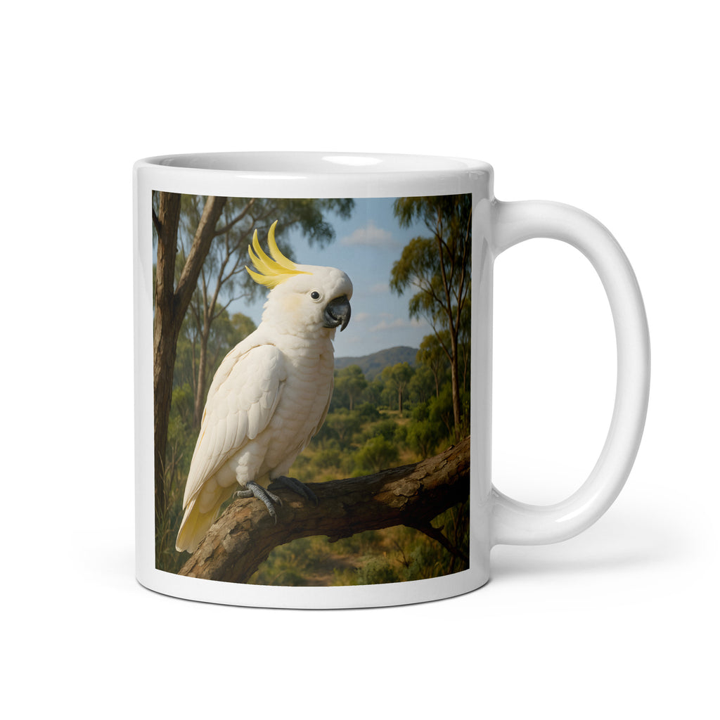 Kaffeetasse mit farbigem Kakadumotiv aus Keramik