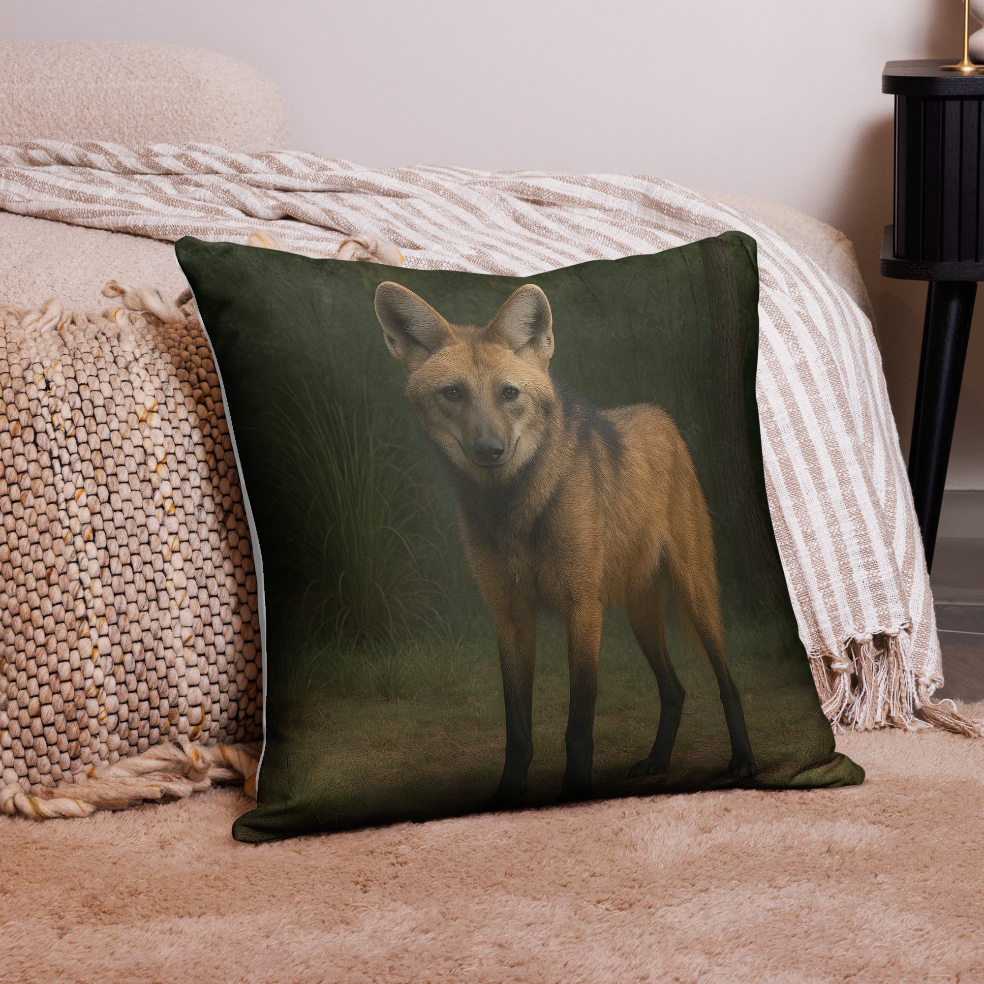 Kissenbezug mit Mähnenwolf-Motiv auf Sofa