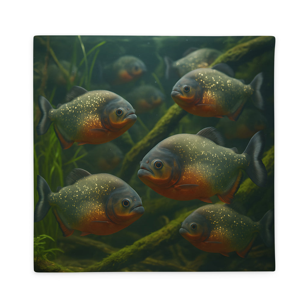 Kissenbezug mit Piranha-Motiv auf Sofa dekoriert