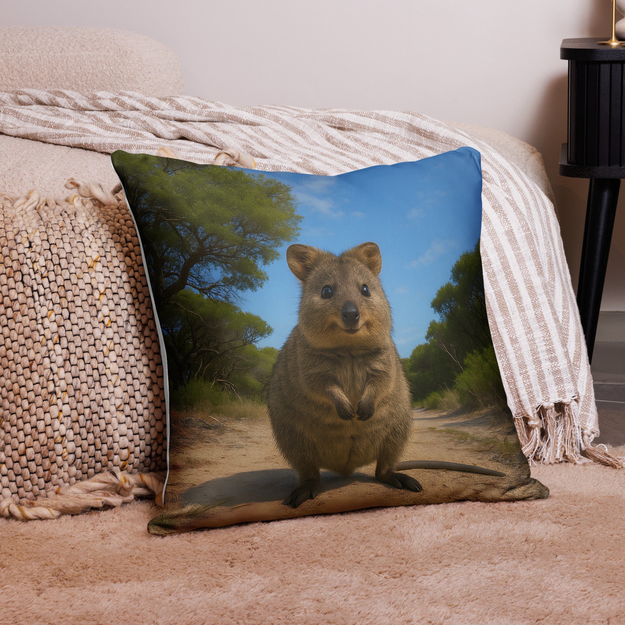 Kissenbezug mit Quokkamotiv auf Sofa dekoriert