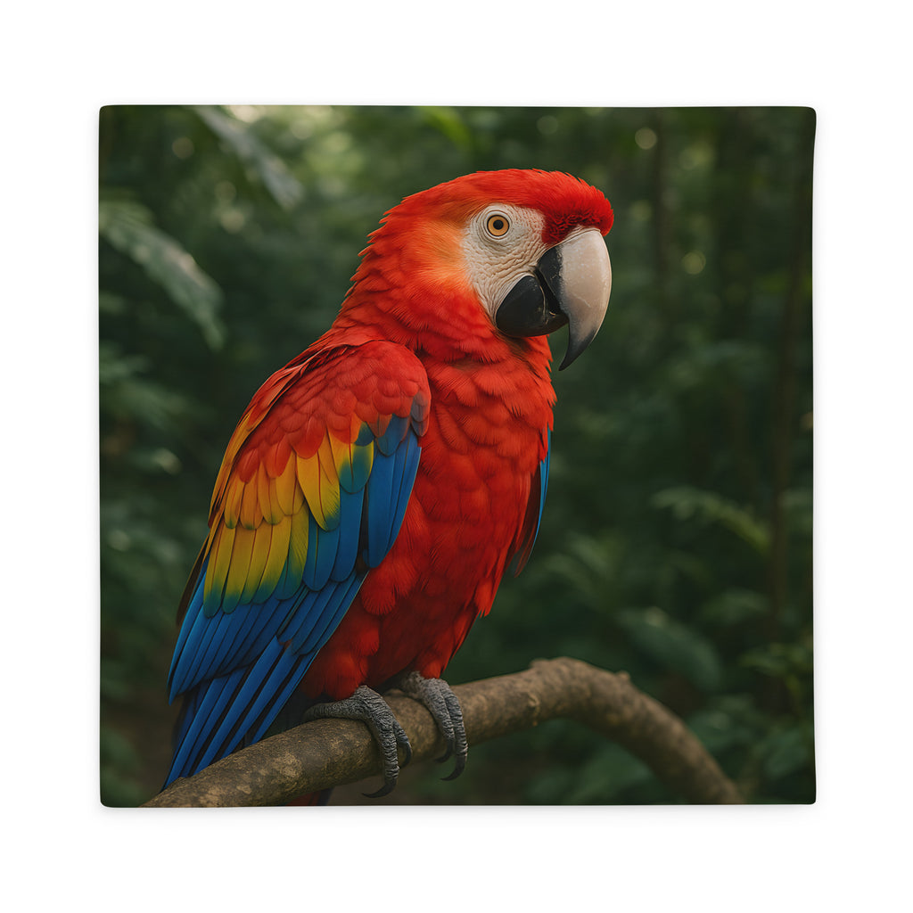 Kissenbezug mit Scharlachara-Motiv in kräftigen Farben