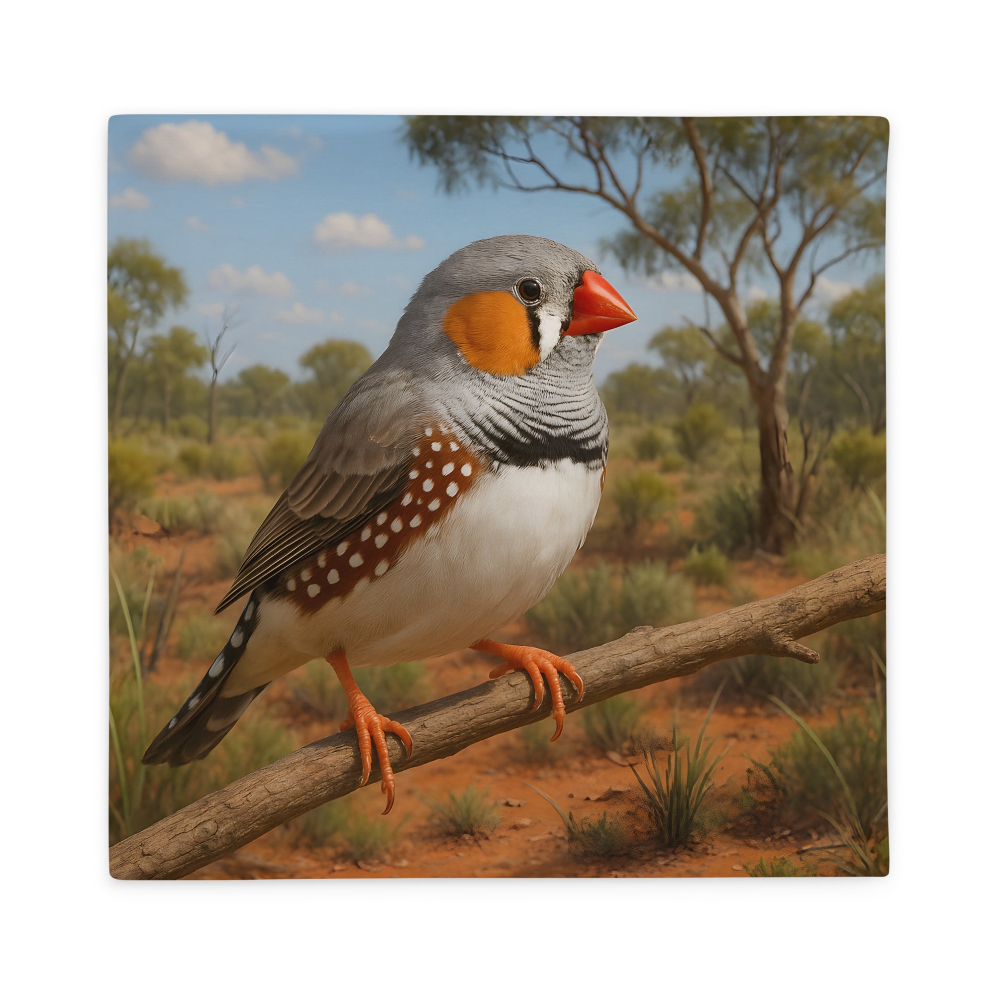 Kissenbezug mit Zebrafink-Motiv auf heller Oberfläche