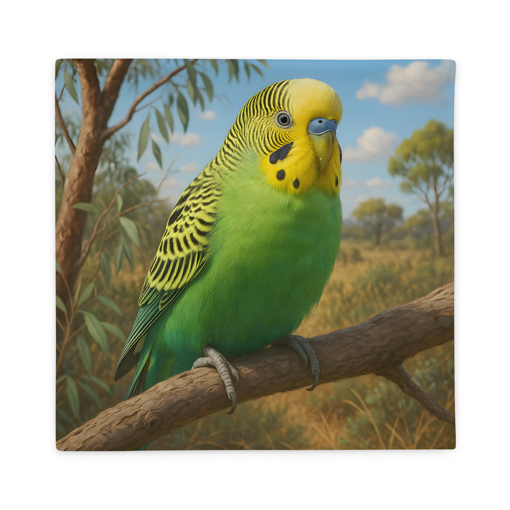 Kissenbezug mit farbigem Wellensittichmotiv auf weißem Hintergrund