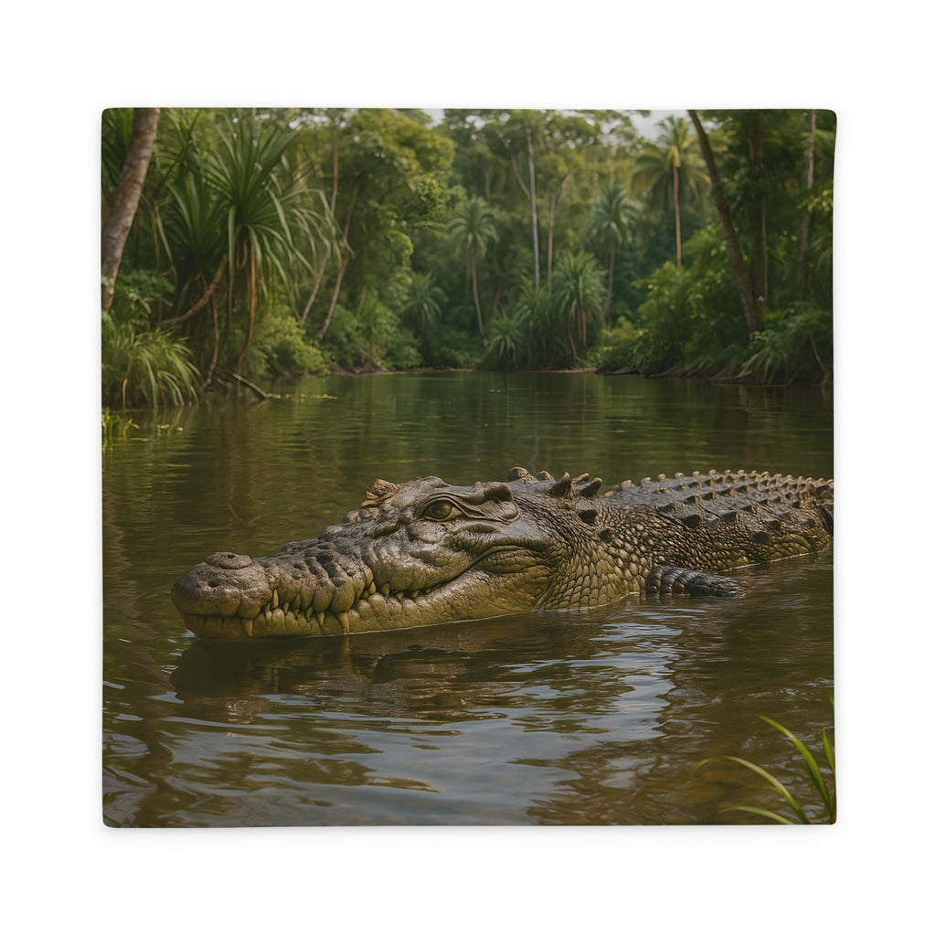 Kissenbezug mit grünem Krokodilmotiv auf hellem Stoff