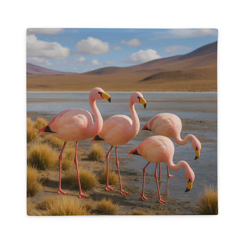 Kissenbezug mit pinkem Flamingo-Motiv auf weißem Hintergrund