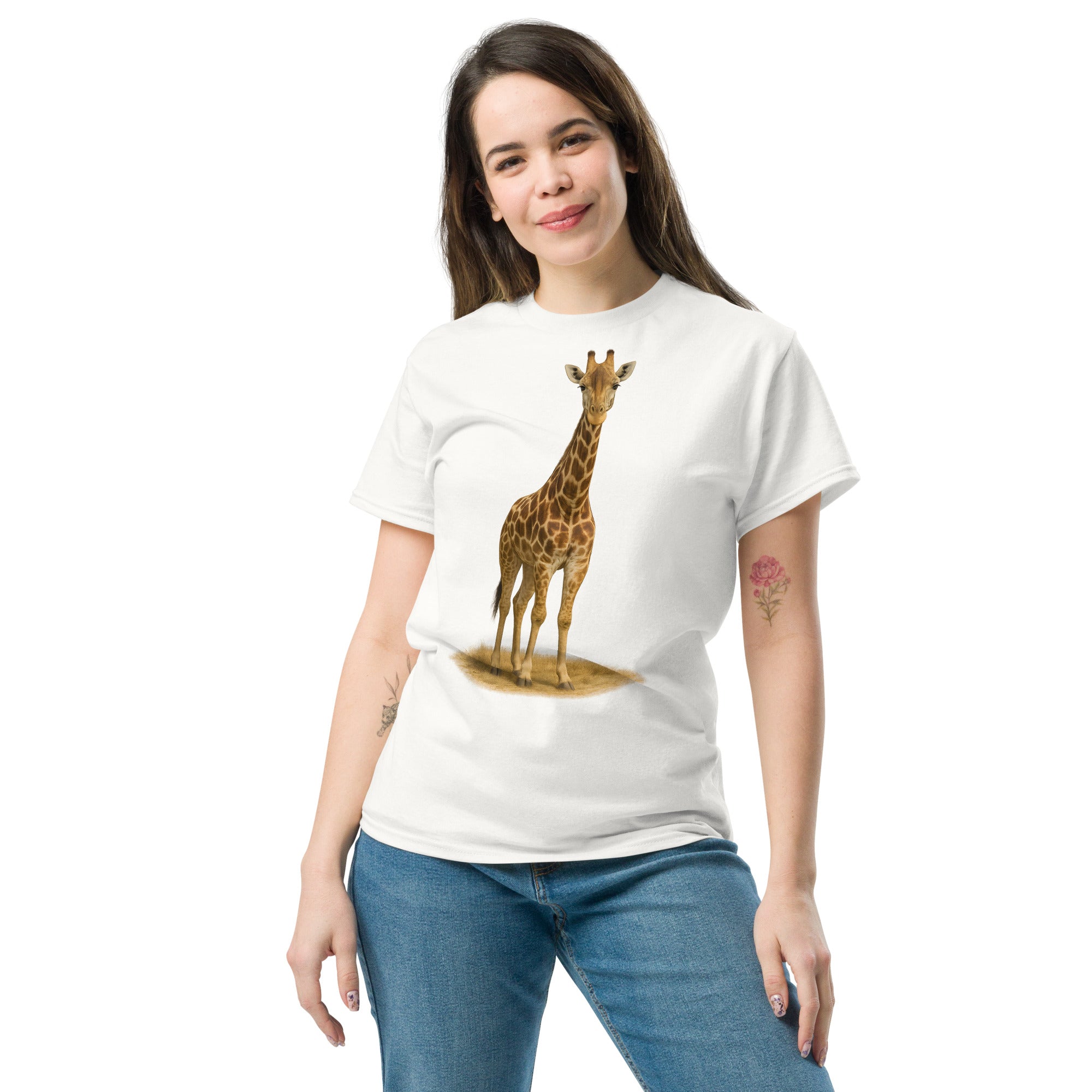 „Label- und Nahtdetails des Giraffen T-Shirts mit Doppelnaht“