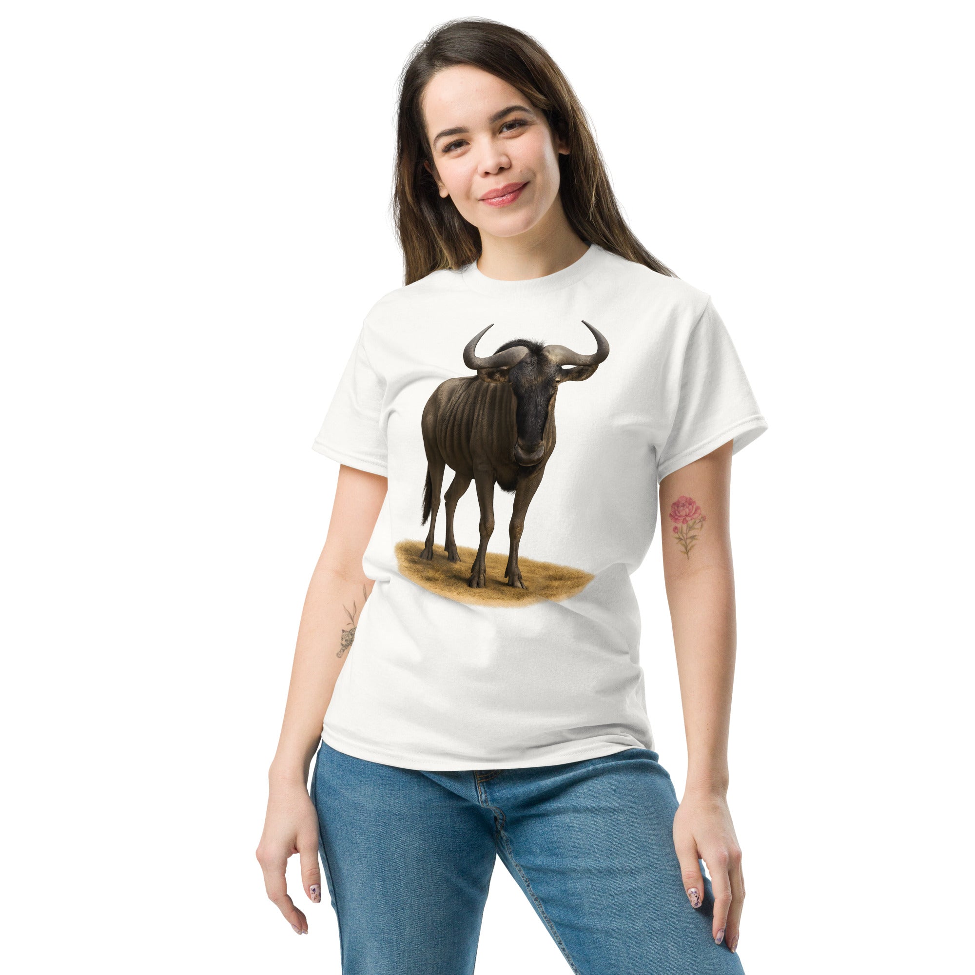 Nahaufnahme der doppelten Nähte am Saum des Gnu T-Shirts