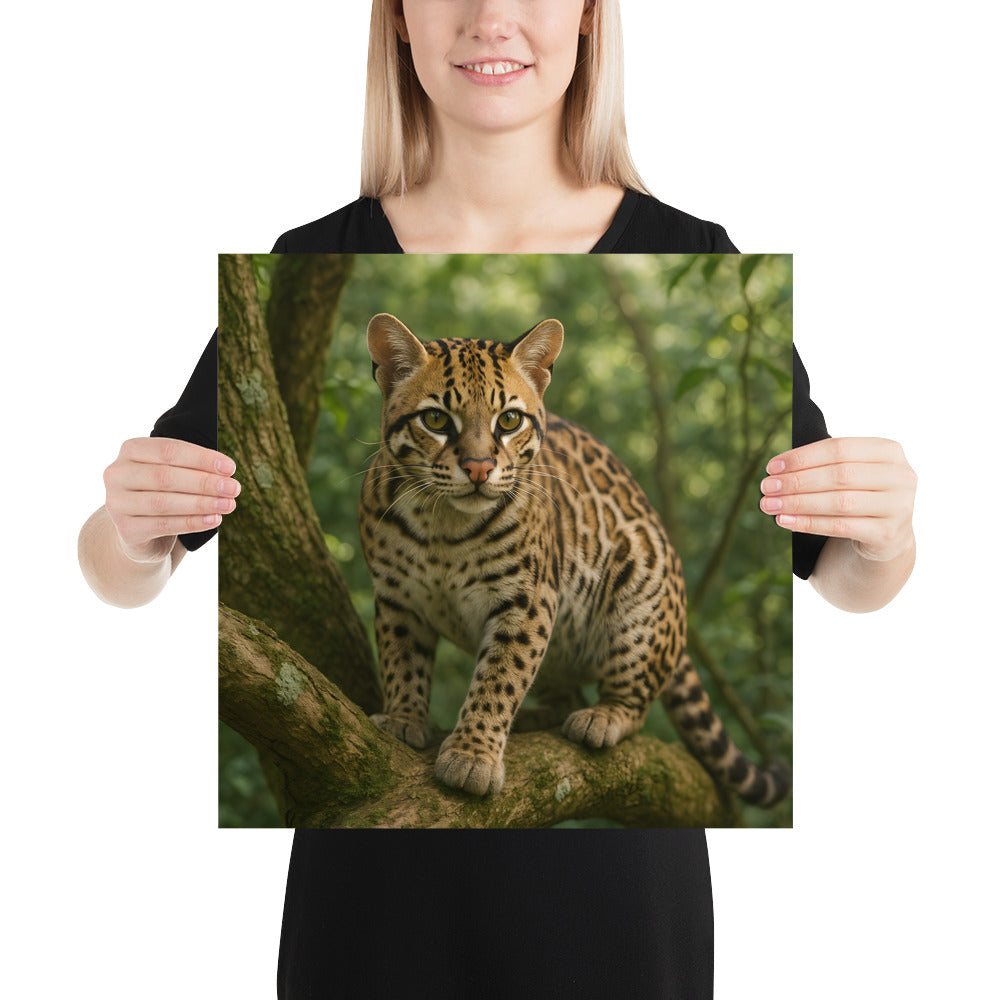 „Nahaufnahme des Ozelotfells im Kunstdruck mit hoher Schärfe.“