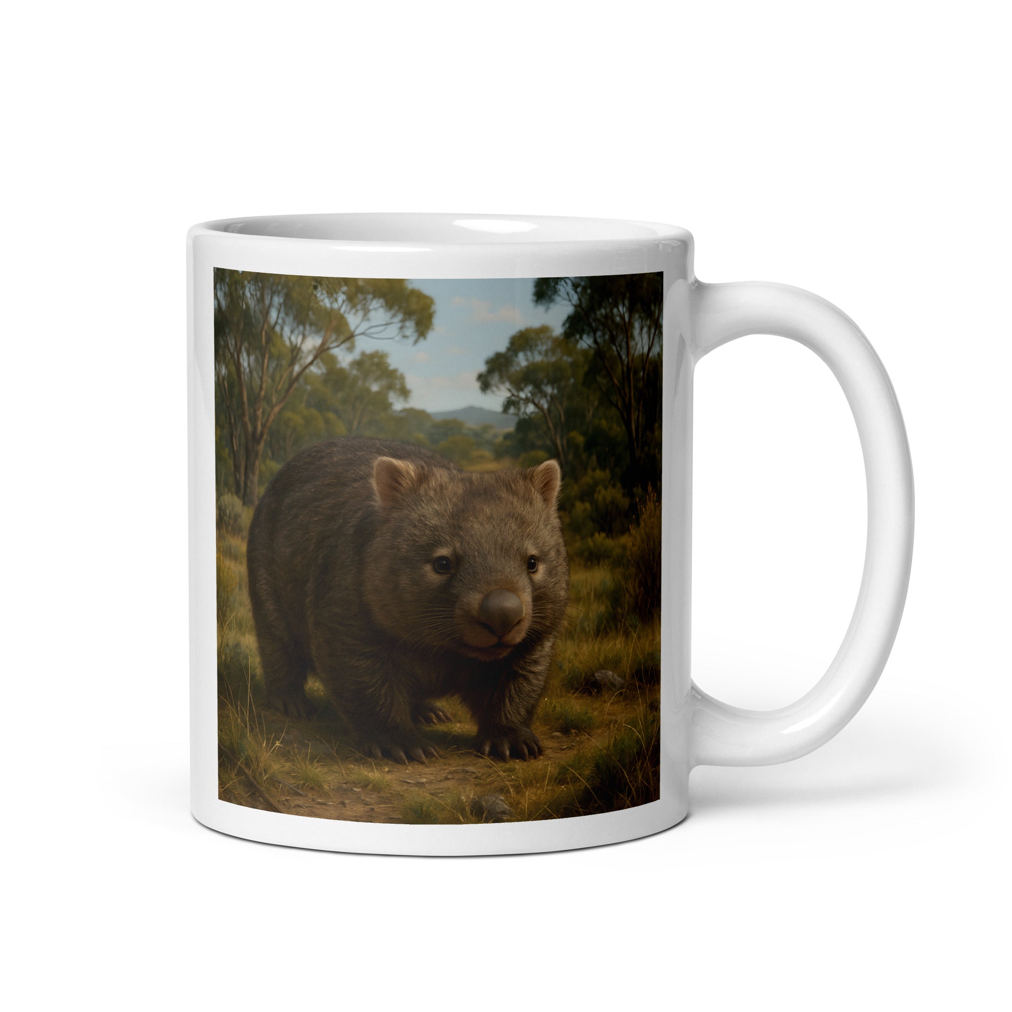 Keramik Kaffeetasse mit süßem Wombatmotiv in der Frontansicht, 11 oz Becher