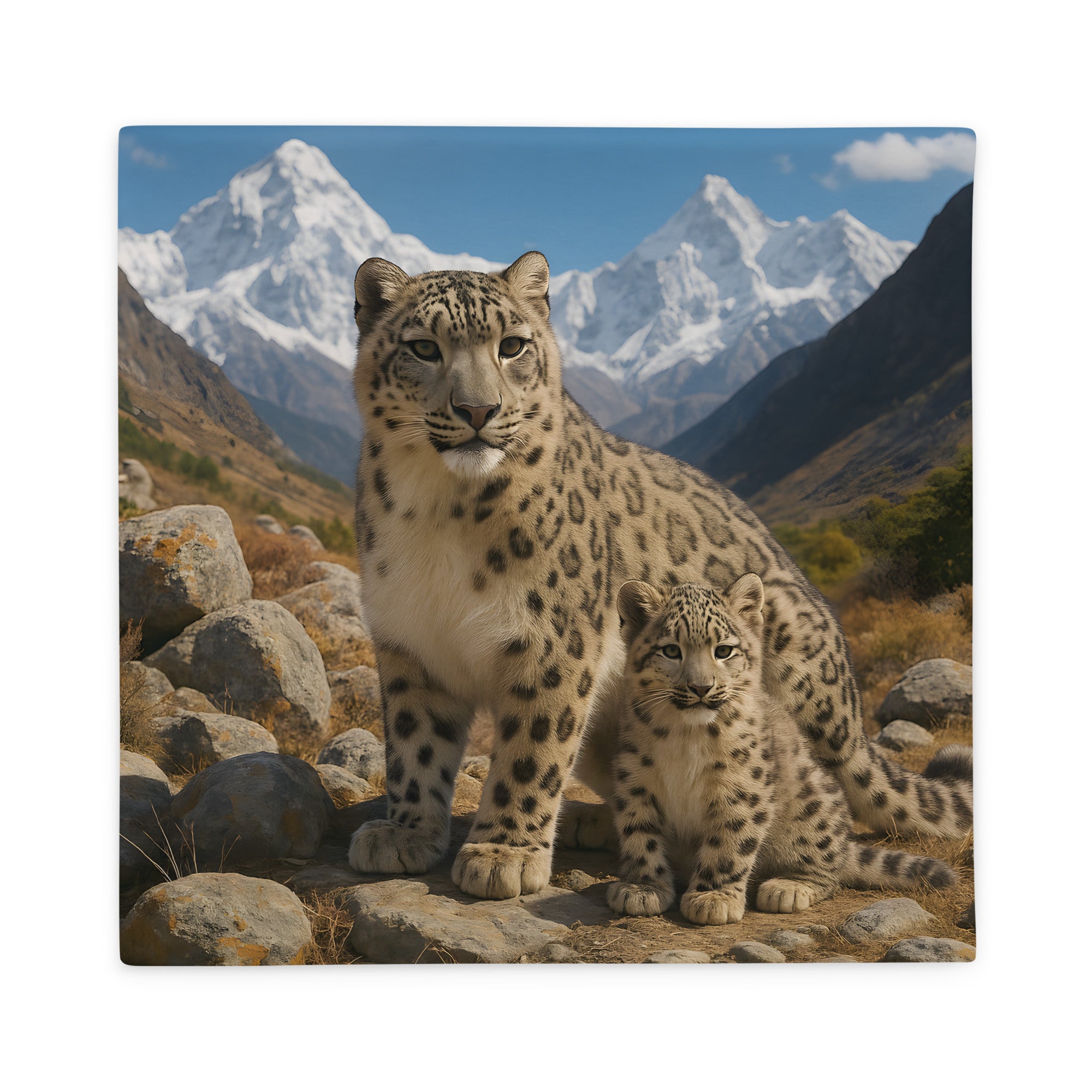 Schneeleopard-Kissenbezug mit Tiermuster auf Sofa