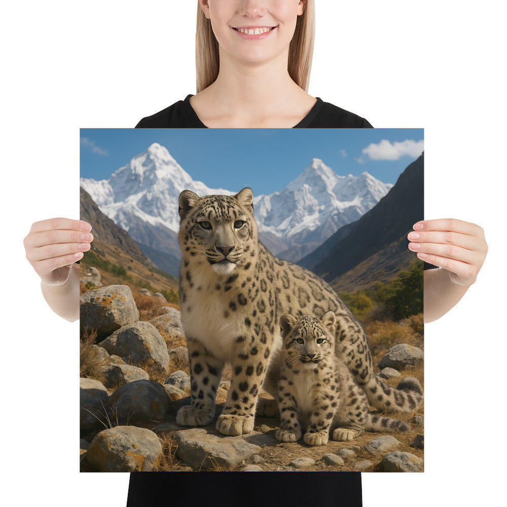 Schneeleoparden-Poster in Schwarzweiß auf hochwertigem Premiumpapier