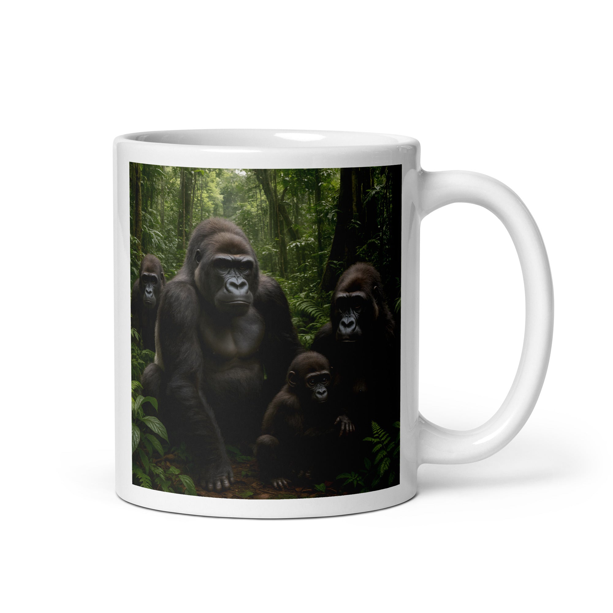 Seitenansicht der Gorilla Kaffeetasse, 11oz Größe, weiß