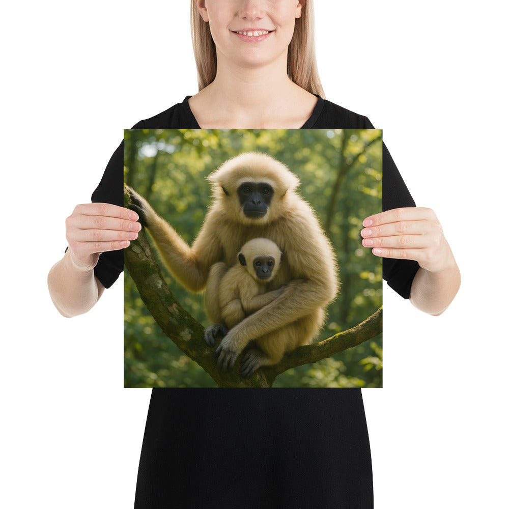 Tierportrait Weißhandgibbon im Wald – Fotodruck