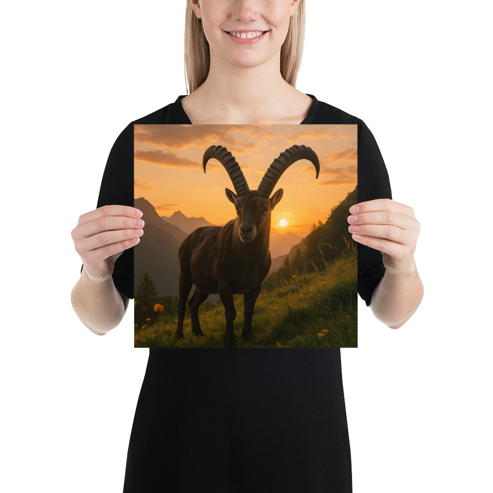Wandbild mit Alpensteinbock vor alpiner Bergkulisse, gedruckt auf japanischem Premium-Papier