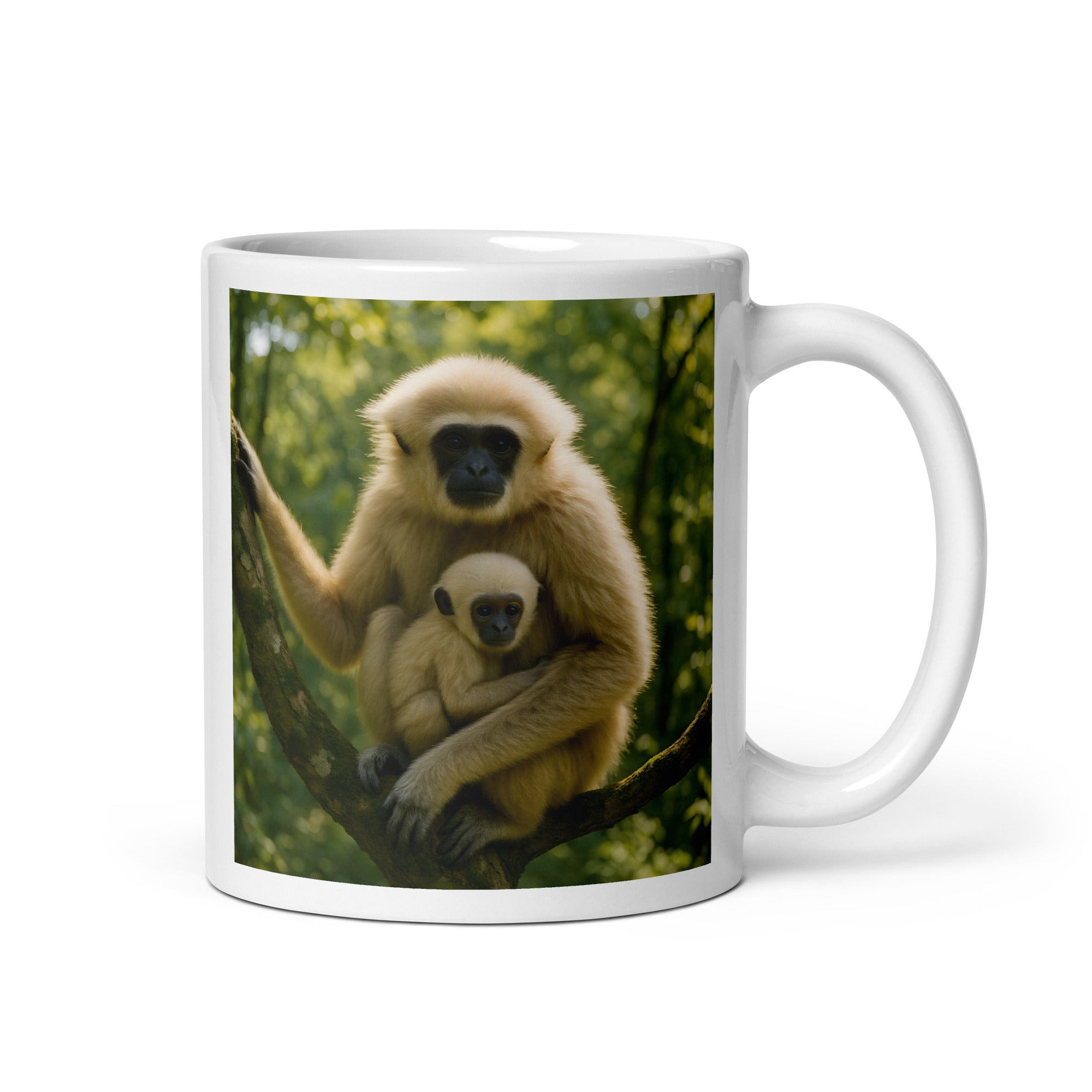Weiße Keramiktasse mit Weißhandgibbon-Motiv, 11 oz