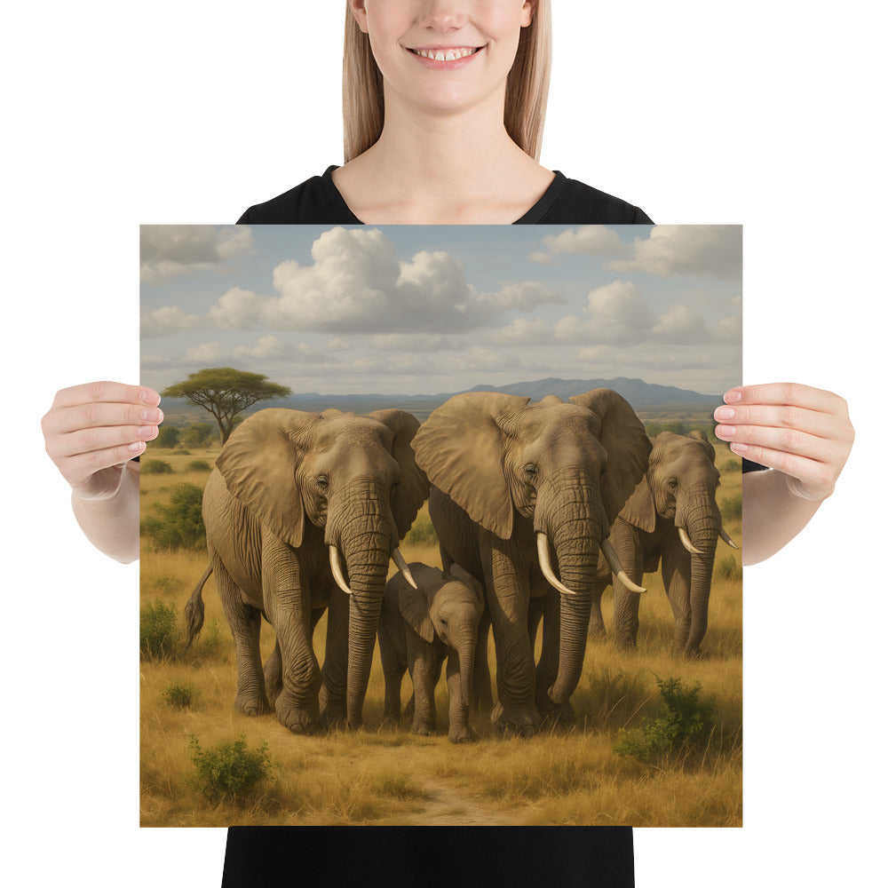 Wohnzimmer mit Elefanten Poster an der Wand – moderne Naturkunst“