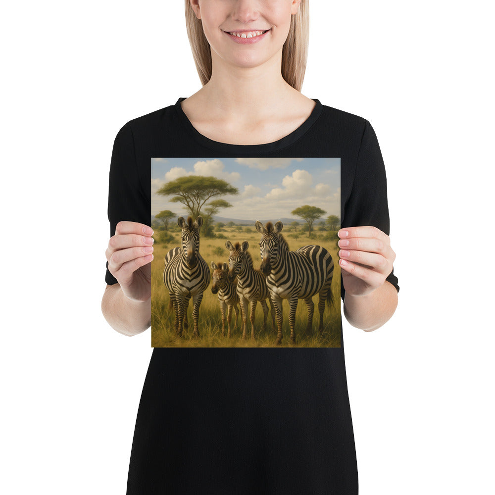 Zebra Wandbild im Wohnzimmer – stilvolle Tierkunst auf mattweißem Papier