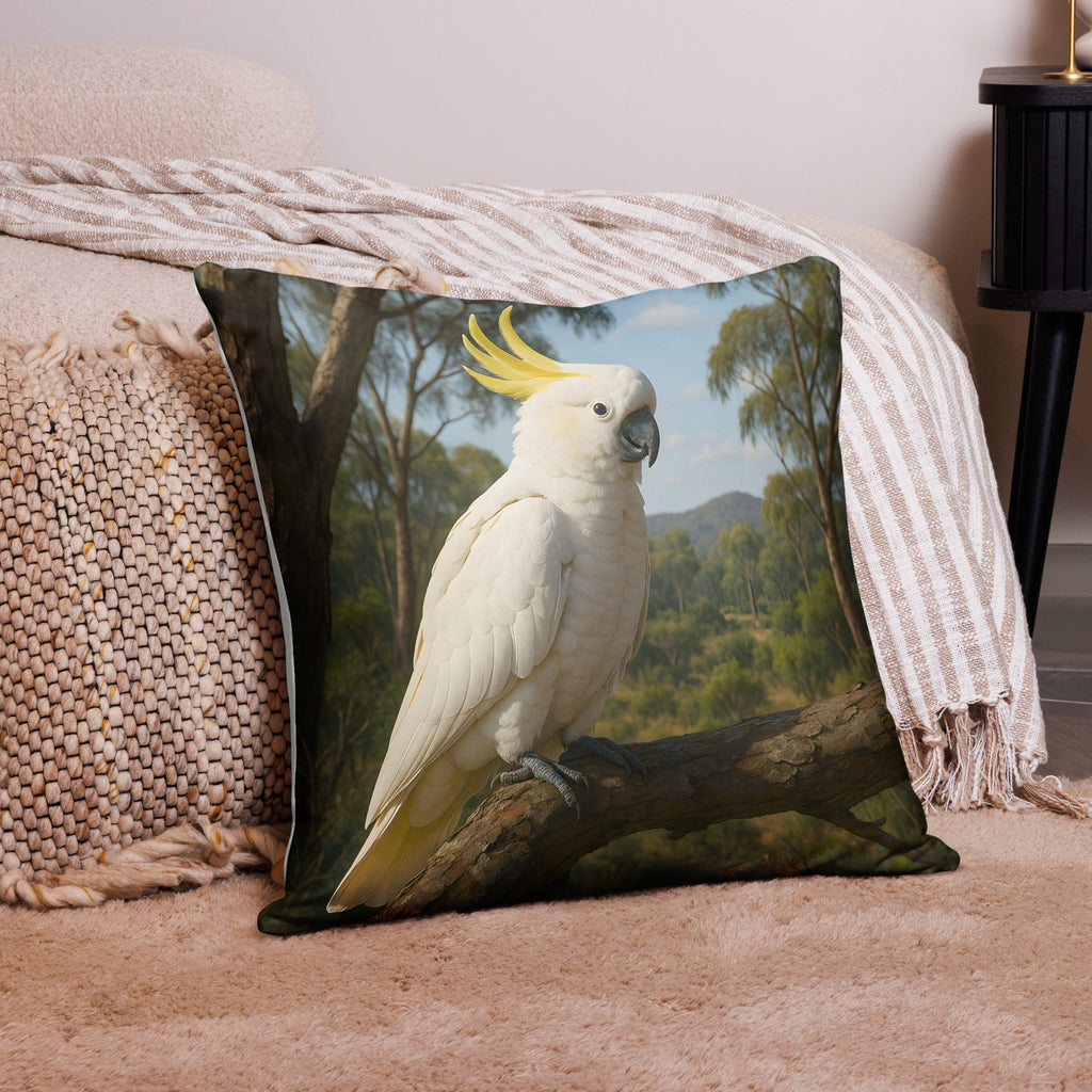 Zierkissen mit Kakadu-Design auf Sofa dekoriert